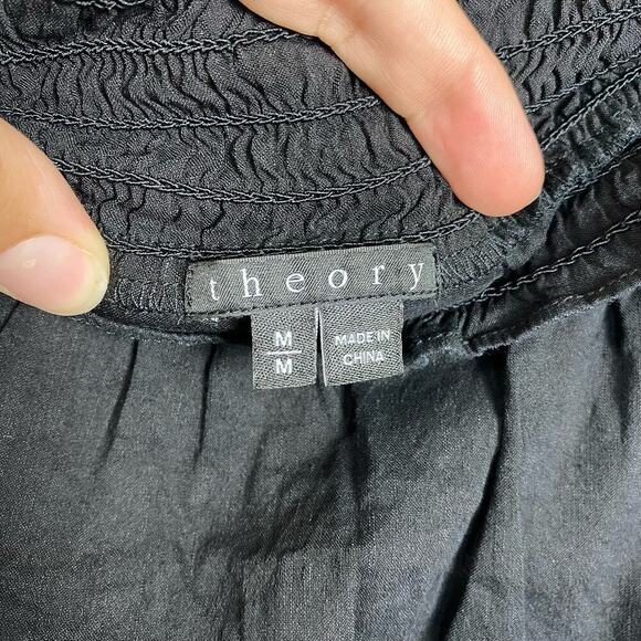 Theory Skirt Jesmina Linen Crunch Mini Smocked Elastic Waist Pockets Black M - Picture 3 of 6